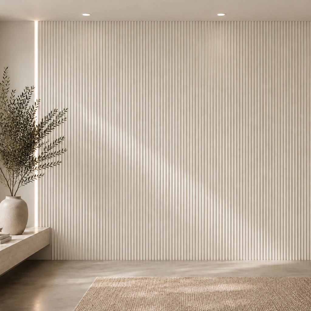 NU Wall Luxe Cool Beige Travertine Fluted Wall Panel showing textured beige travertine surface and fluted design for interior decor.
