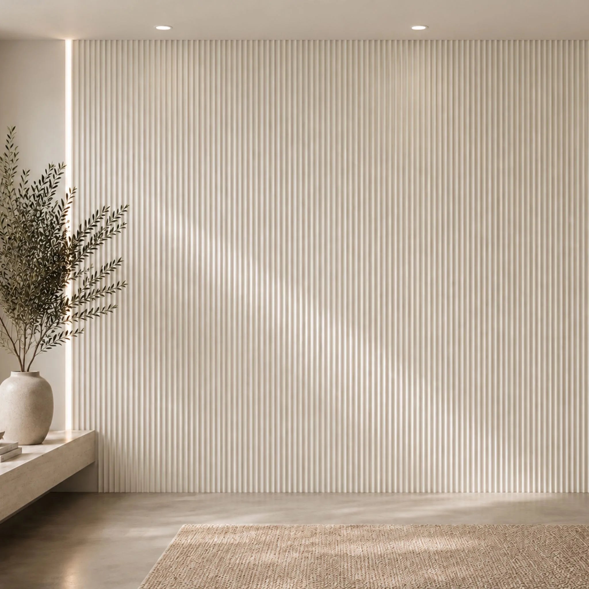 NU Wall Luxe Cool Beige Travertine Fluted Wall Panel showing textured beige travertine surface and fluted design for interior decor.