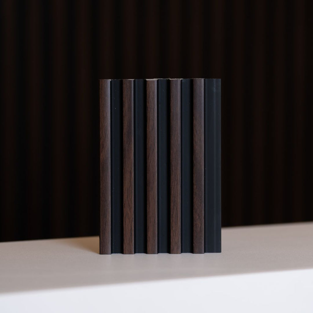 NU Wall Palm Dark Oak and Black small slatted wall panels, set of four, featuring modern wood and black design for interior decor.
