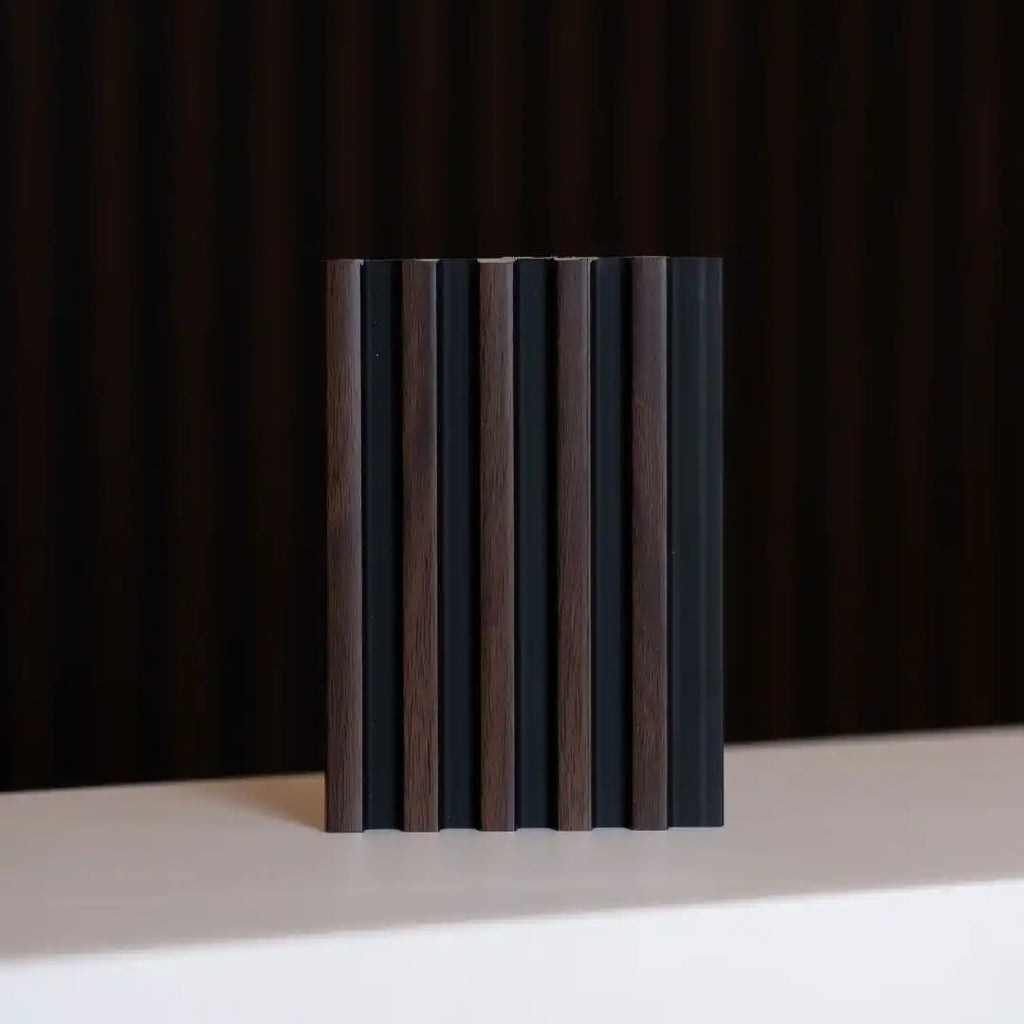 NU Wall Palm Dark Oak and Black small slatted wall panels, set of four, featuring modern wood and black design for interior decor.