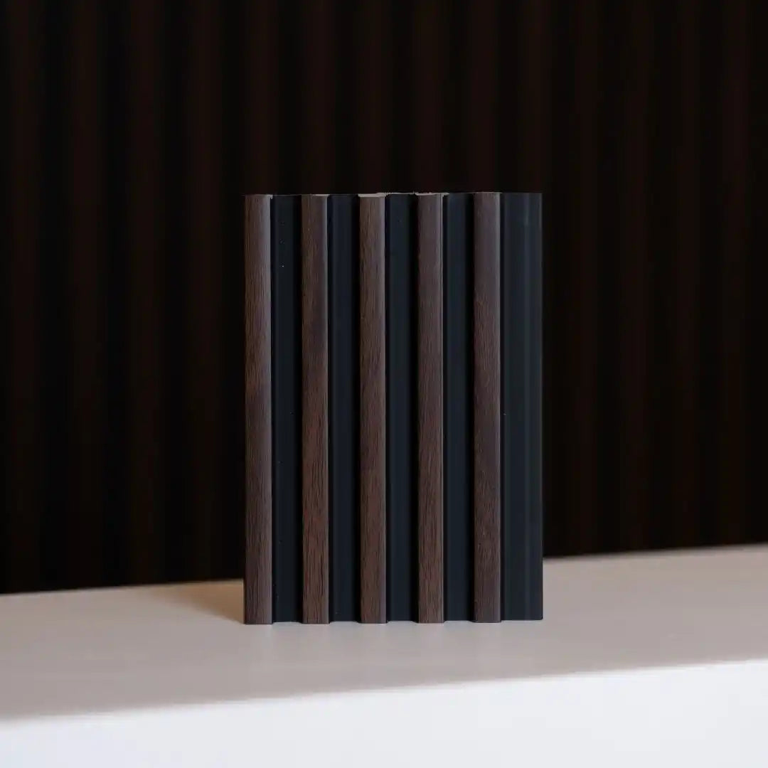 NU Wall Palm Dark Oak and Black small slatted wall panels, set of four, featuring modern wood and black design for interior decor.