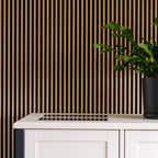 NU Wall Palm Light Oak and black small slatted wall panels, pack of 4, showing modern wooden and black design for interior decor.