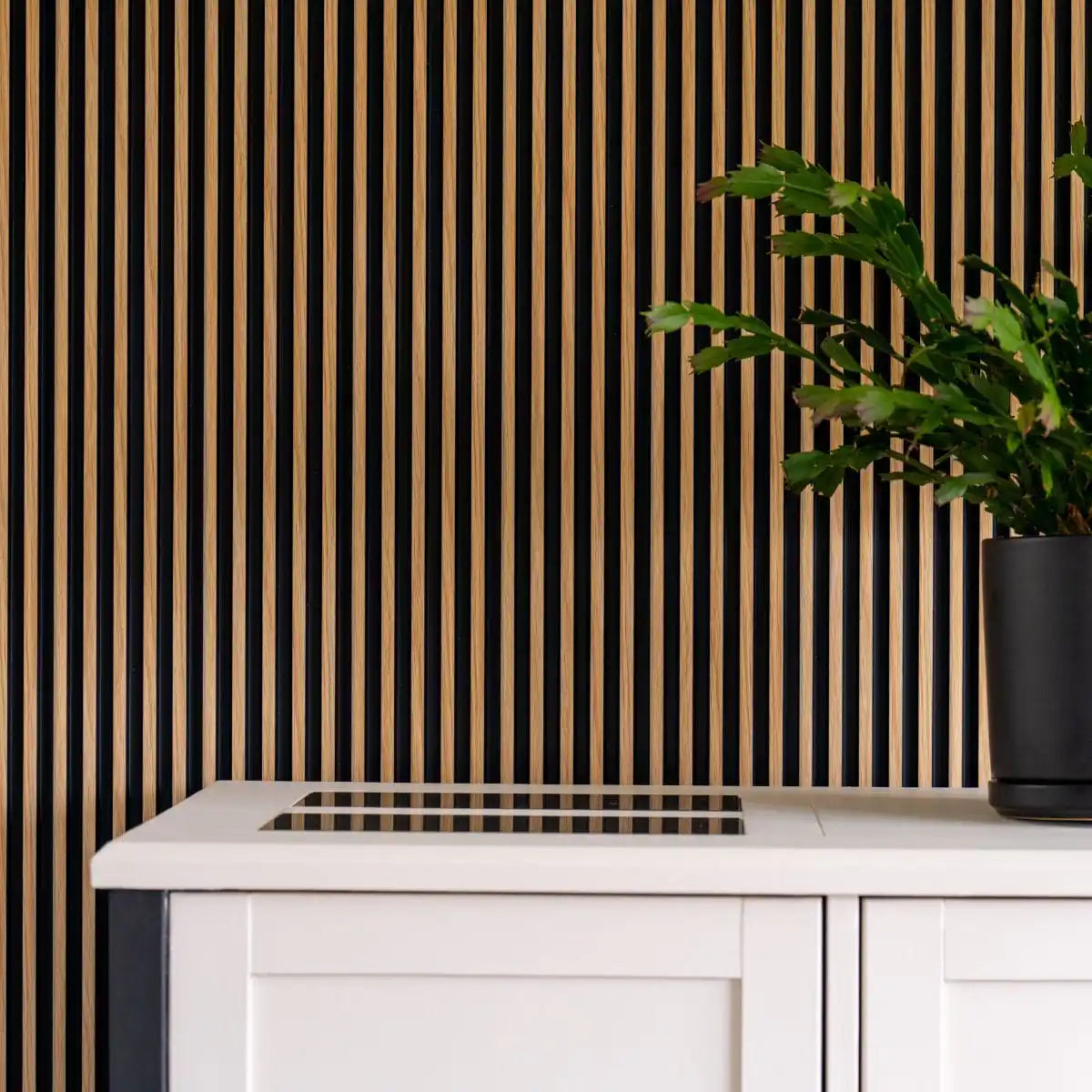 NU Wall Palm Light Oak and black small slatted wall panels, pack of 4, showing modern wooden and black design for interior decor.