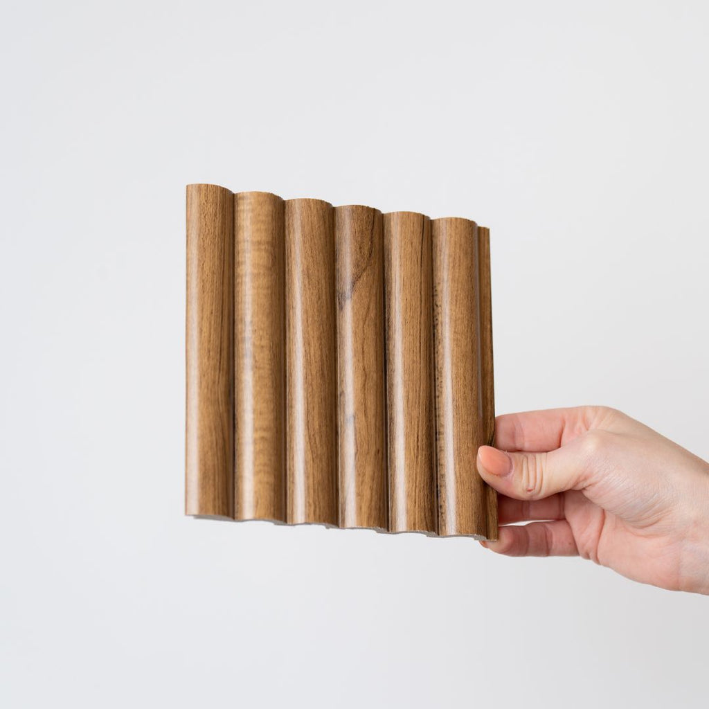 NU Wall Arc Reeded Medium Oak Wall Panels pack of 4, showing textured wood grain and reeded design for interior wall decor.