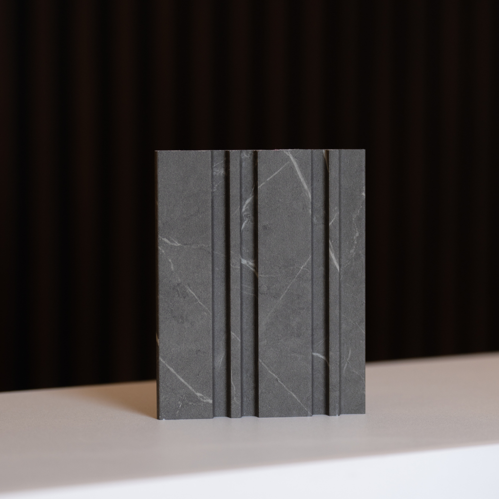 NU Wall Dubai Midnight Storm slatted wall panel sample showing dark, textured wooden design for modern interior decor.