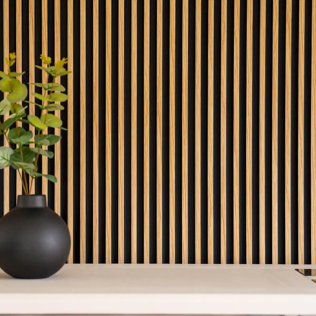 NU Wall Palm Light Oak and Black small slatted wall panels, pack of 4, showcasing modern wooden panel design with black accents.