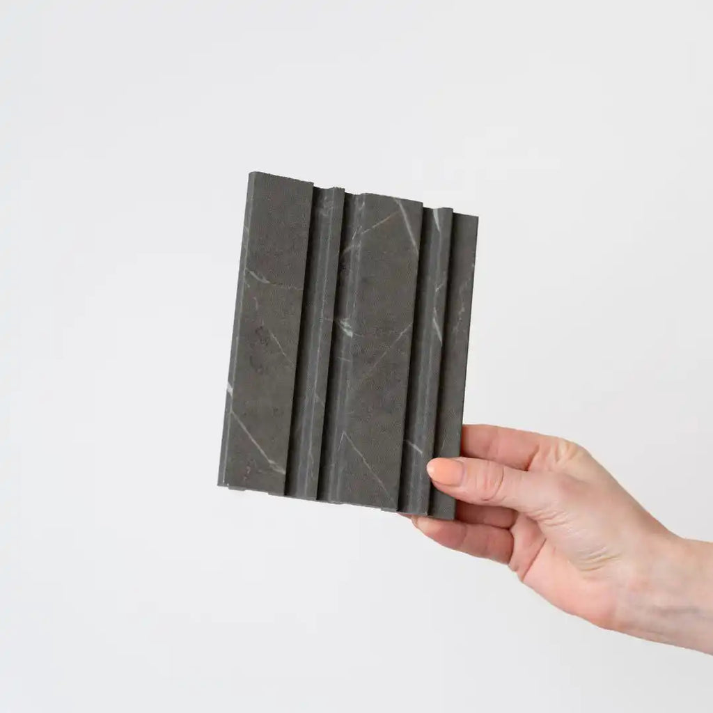 NU Wall Dubai Midnight Storm slatted wall panels pack of 4, showcasing modern dark gray textured wall decor for interior design.