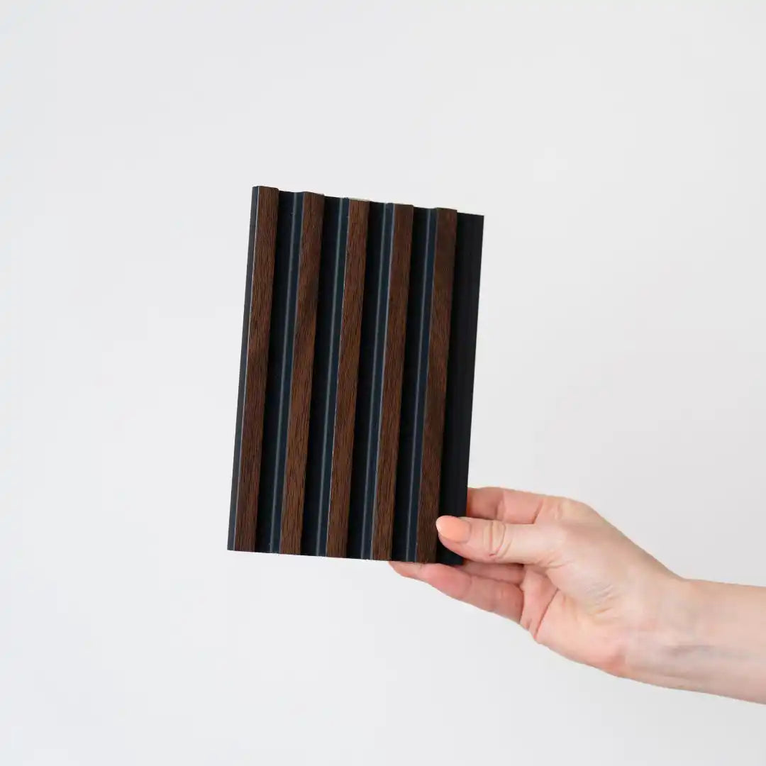 NU Wall Palm Dark Oak and Black small slatted wall panels pack of 4, showcasing modern wooden wall decor with sleek black accents.