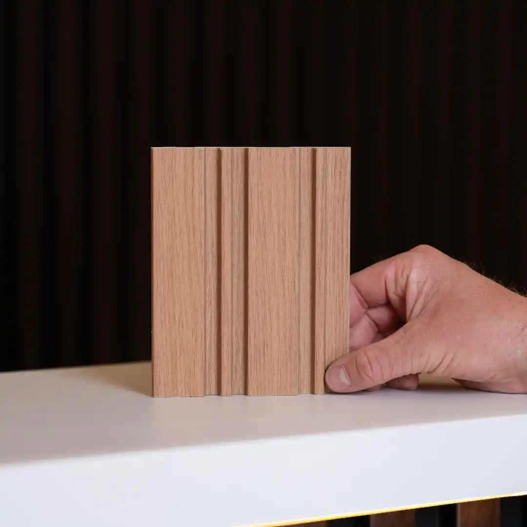NU Wall Dubai Natural Oak Slatted Wall Panels pack of 4, showcasing textured wooden wall paneling with a natural oak finish.
