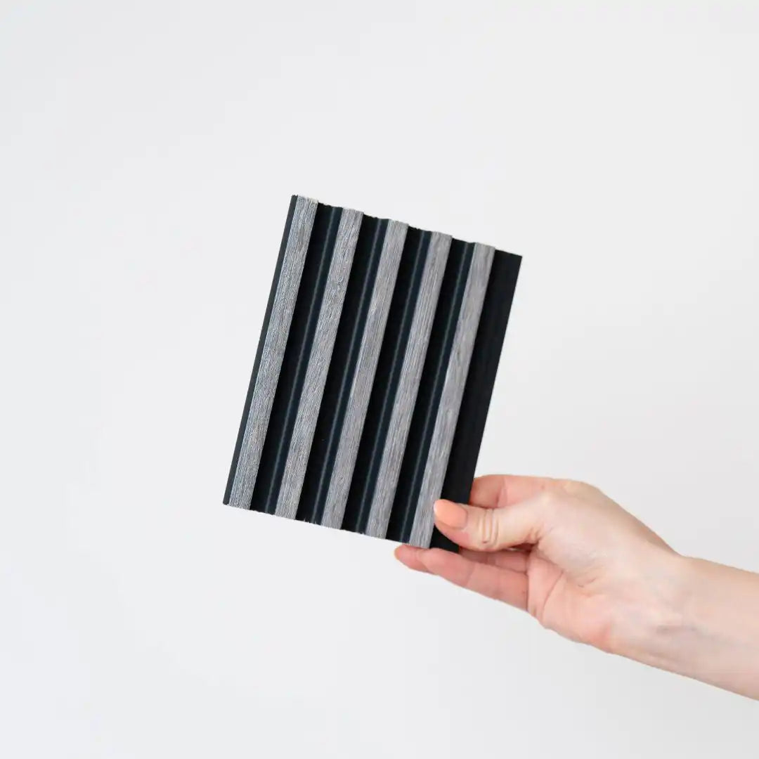 NU Wall Palm Grey Oak and black small slatted wall panels, pack of 4, showcasing modern textured wooden wall decor.