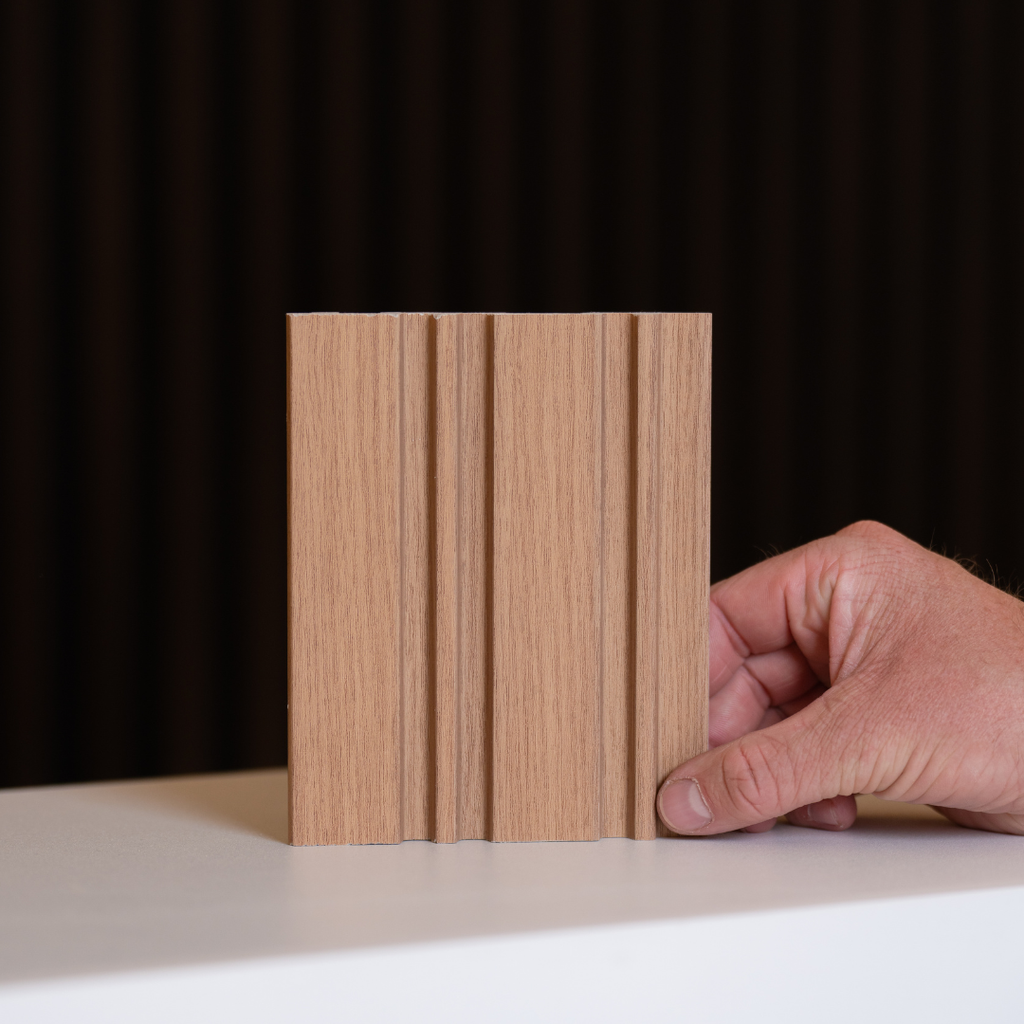 Dubai Natural Oak Slatted Wall Panel Sample by NU Wall showing textured oak wood slats for interior wall decor.