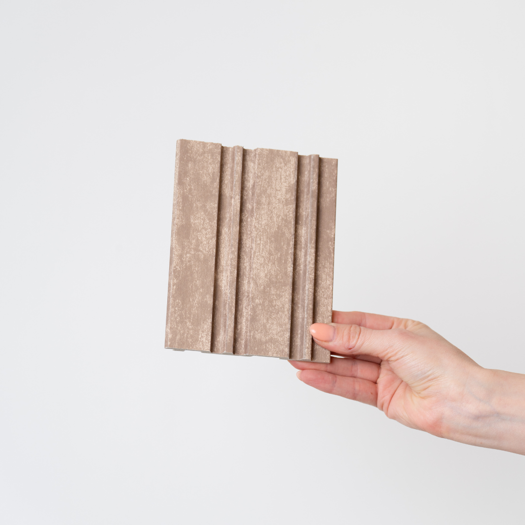 NU Wall Dubai Camel Sand slatted wall panel sample showing textured beige surface and wooden slats for interior decor. Main image