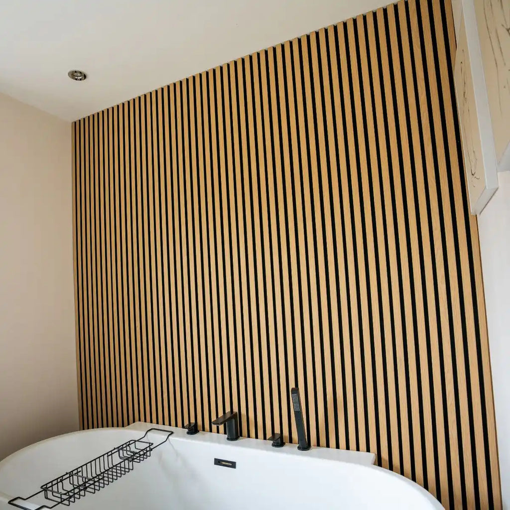 NU Wall Residence light oak and black slatted wall panels pack of 4, showcasing modern wooden and black slatted design for interior decor.