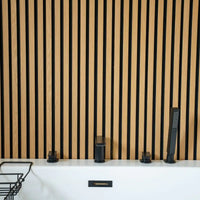 NU Wall Residence Light Oak and black slatted wall panels pack of 4, showcasing modern wood and black design for interior decor.