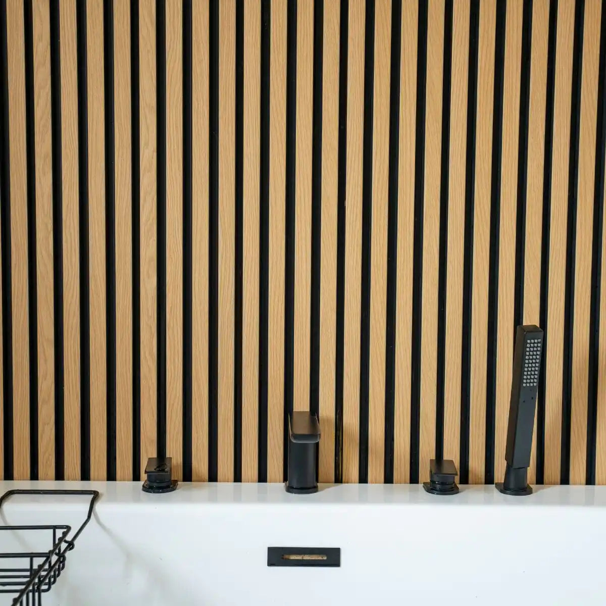 NU Wall Residence Light Oak and black slatted wall panels pack of 4, showcasing modern wood and black design for interior decor.