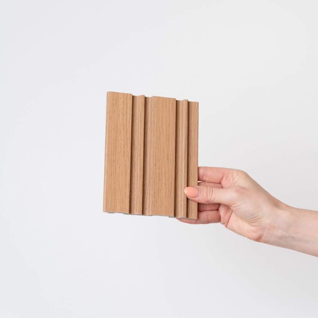 Dubai Natural Oak Slatted Wall Panel Sample by NU Wall showing a close-up of the textured oak wood slats for interior wall decor.
