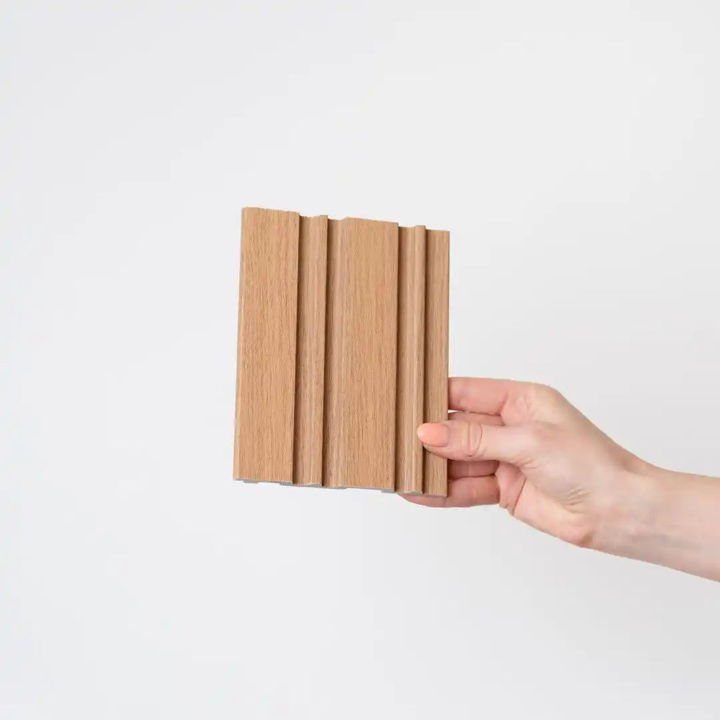 NU Wall Dubai Natural Oak Slatted Wall Panels pack of 4, showcasing modern wooden wall panel design with slatted oak finish.