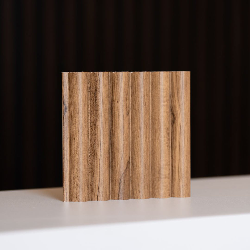 Reeded medium oak wall panels by NU Wall, set of four, showcasing textured wood grain and natural oak finish for interior decor.