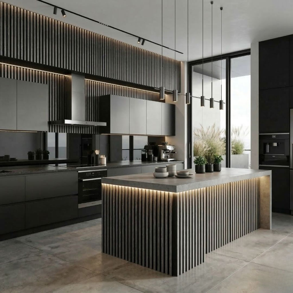 NU Wall Residence Grey Oak and Black waterproof wall panels, pack of 4, showing textured wood grain and sleek black accents.