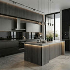 NU Wall Residence Grey Oak and Black waterproof wall panels, pack of 4, showing textured wood grain and sleek black accents.