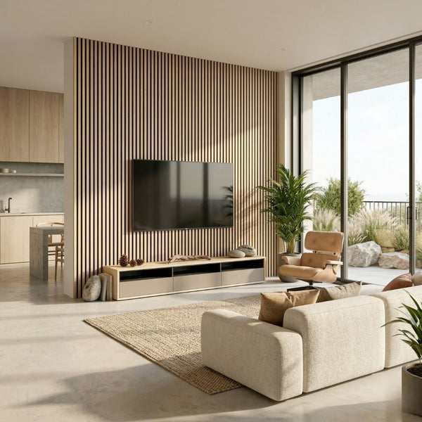 NU Wall Residence Light Oak and Black waterproof wall panels, pack of 4, showcasing textured wood grain and modern black accents.