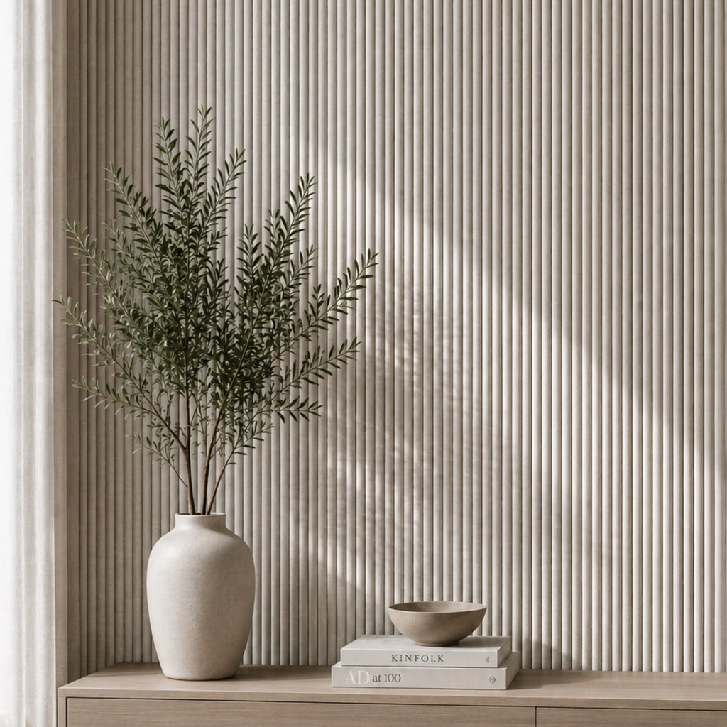 Oatmeal linen reeded wall panel by NU Wall, showcasing textured linen finish with vertical reeded design for modern interior decor