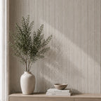 Oatmeal linen reeded wall panel by NU Wall, showcasing textured linen finish with vertical reeded design for modern interior decor