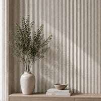 Oatmeal linen reeded wall panel by NU Wall, showcasing textured linen finish with vertical reeded design for modern interior decor