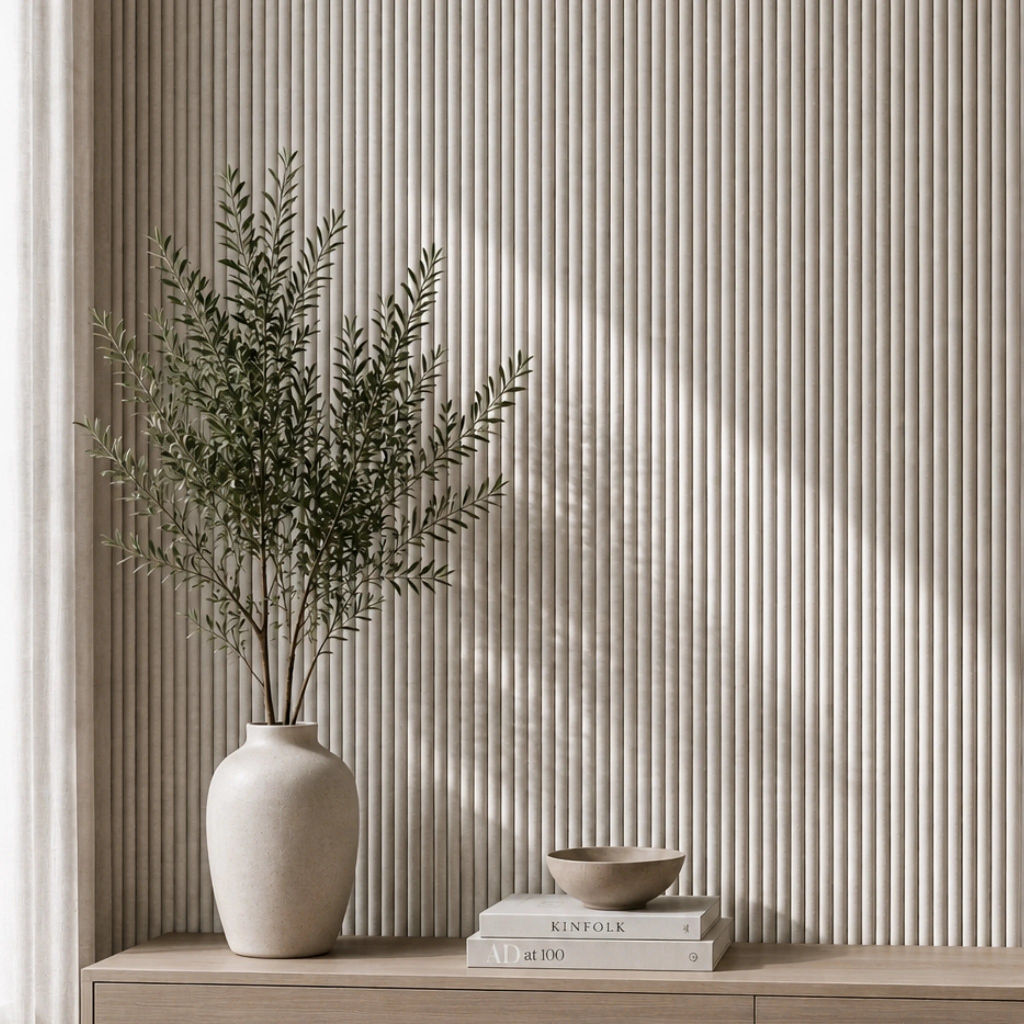 Oatmeal linen reeded wall panel by NU Wall, showcasing textured linen finish with vertical reeded design for modern interior decor