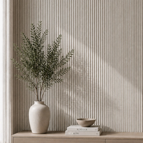 Oatmeal linen reeded wall panel by NU Wall, showcasing textured linen finish with vertical reeded design for modern interior decor