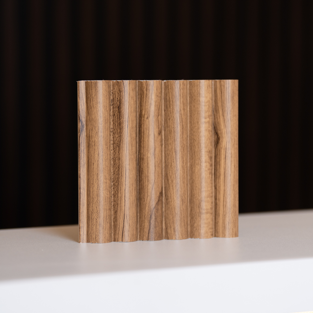 NU Wall Arc Reeded Medium Oak Wall Panel Sample showing textured, reeded wood pattern in medium oak finish.