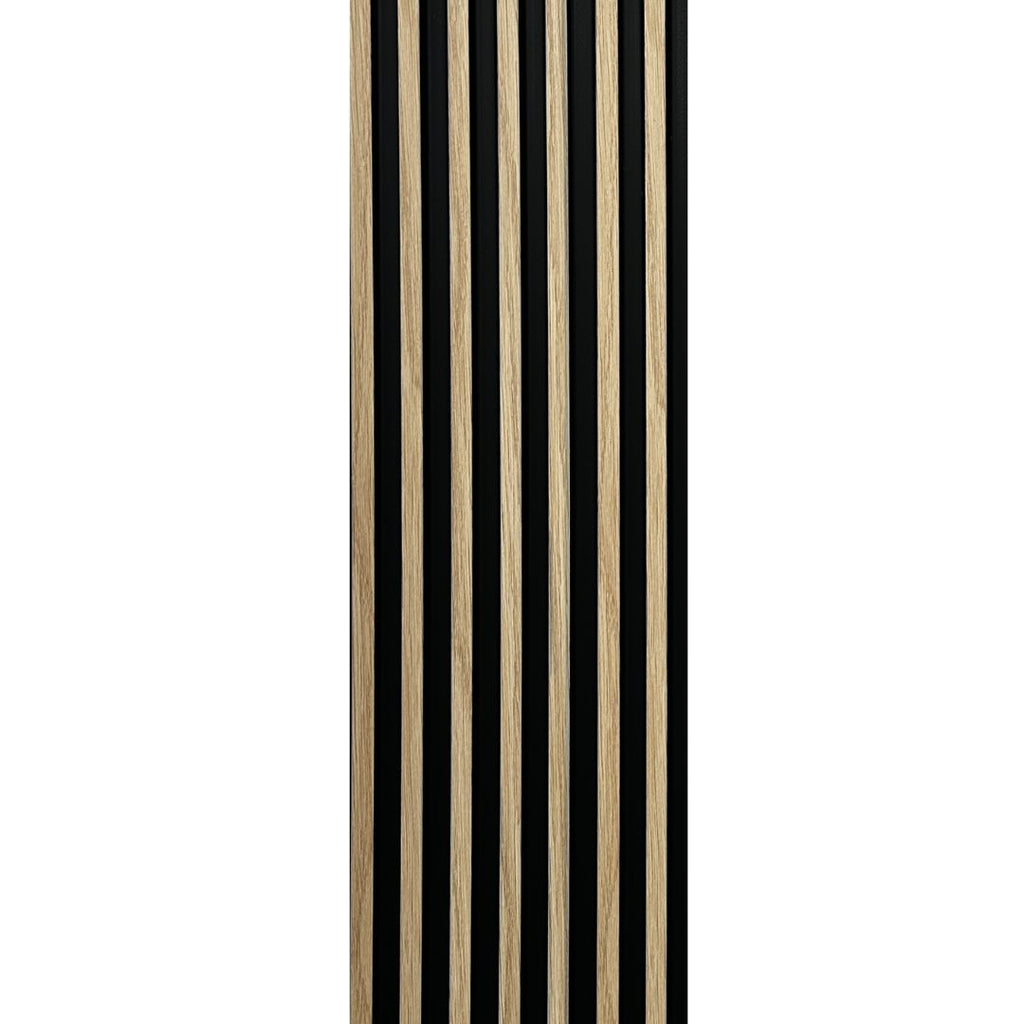 NU Wall Palm waterproof wall panel in light oak and black, pack of 4, showing textured surface and modern woodgrain design.