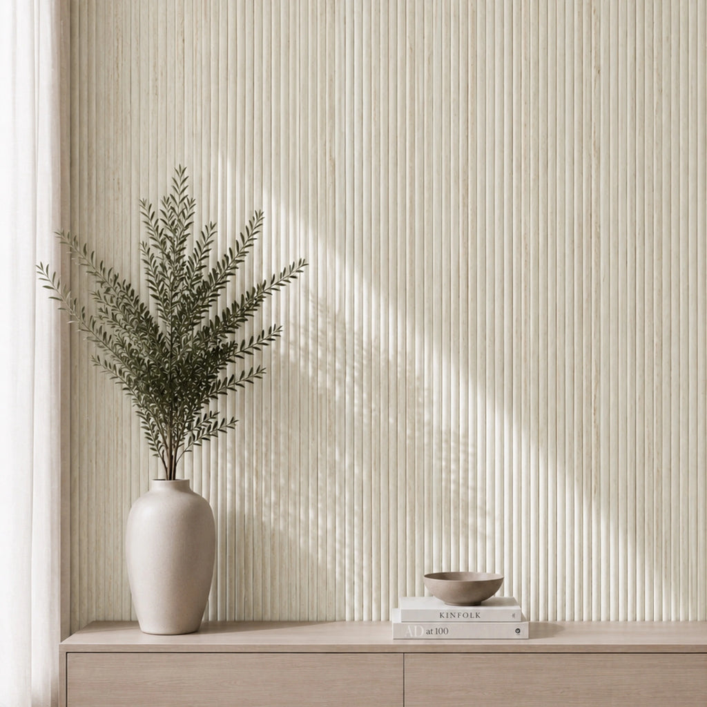 NU Wall Luxe Cool Beige Travertine Reeded Panel wall panel showing textured beige travertine surface with reeded design.