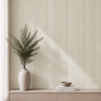 NU Wall Luxe Cool Beige Travertine Reeded Panel wall panel showing textured beige travertine surface with reeded design.