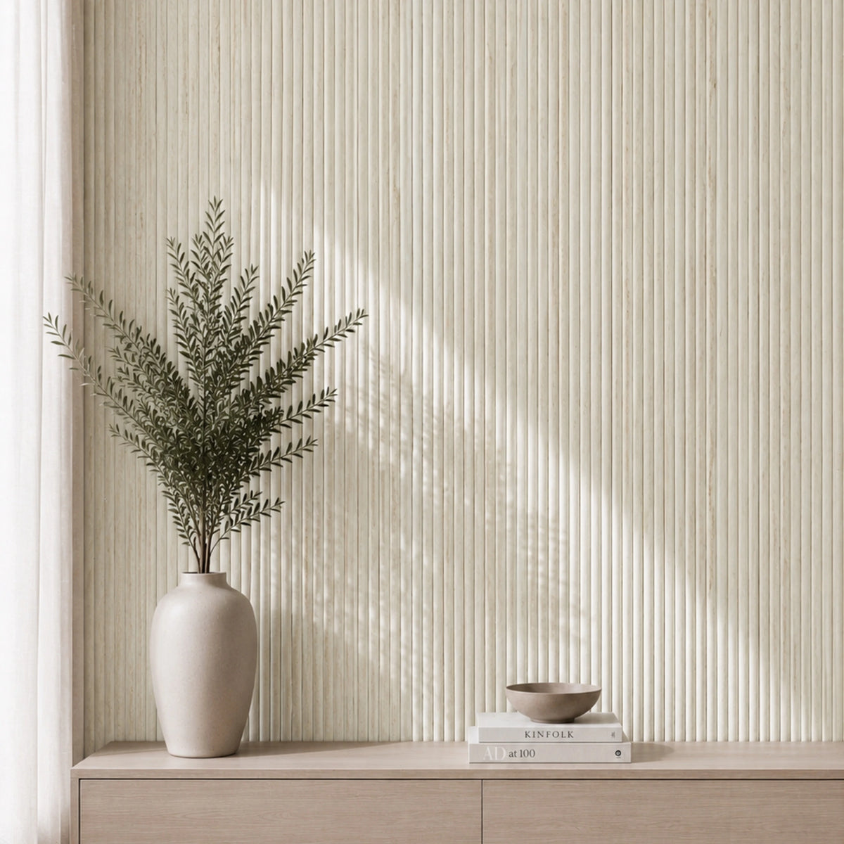 NU Wall Luxe Cool Beige Travertine Reeded Panel wall panel showing textured beige travertine surface with reeded design.