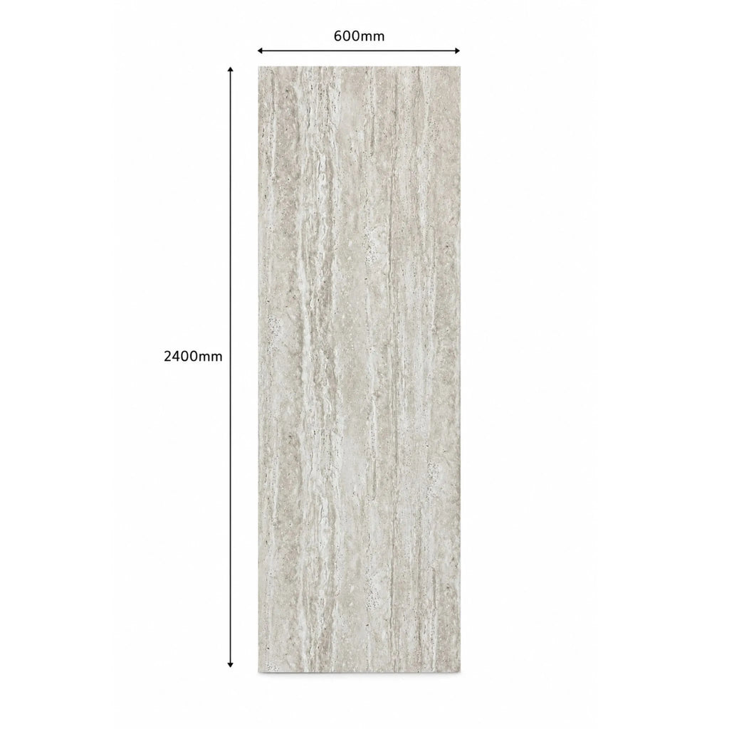 NU Wall Serenity Alabaster Travertine SPC waterproof shower panel with textured stone finish and sleek modern design.