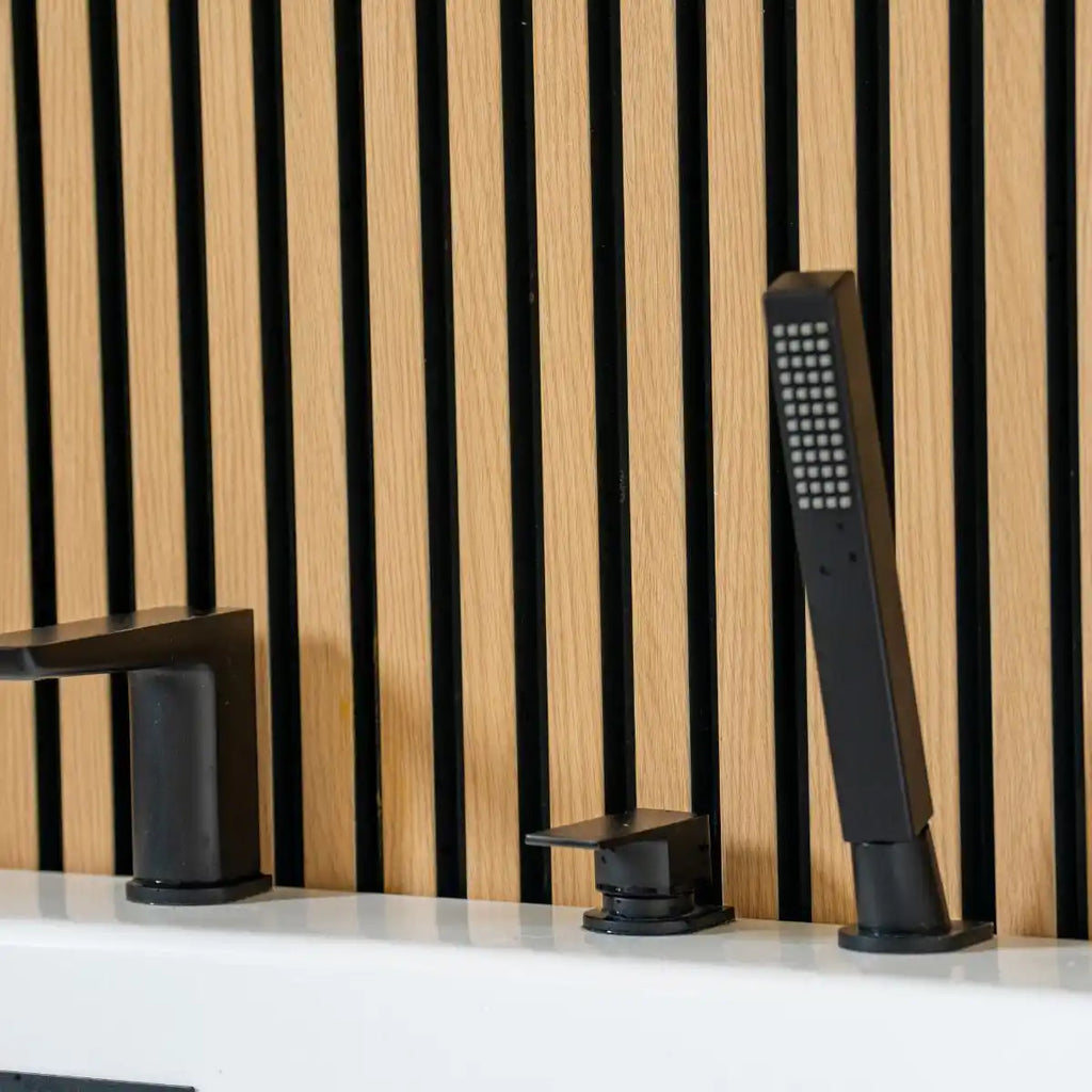 NU Wall Residence Light Oak and Black Slatted Wall Panels pack of 4, showing modern wood and black slatted design for wall decor.