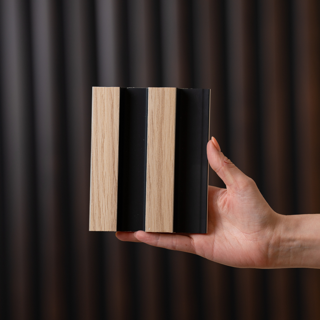 Residence Medium Oak and Black Slatted Wall Panel Sample Secondary image