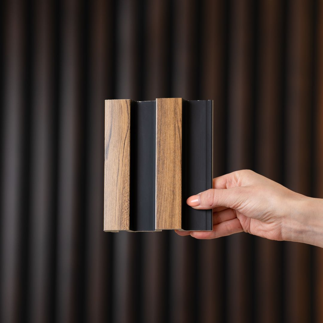 NU Wall Residence pack of 4 medium oak and black slatted wall panels, showing modern wood and black design for interior decor.
