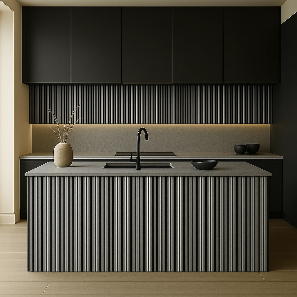 Waterproof polystyrene grey oak and black slat wall panelling