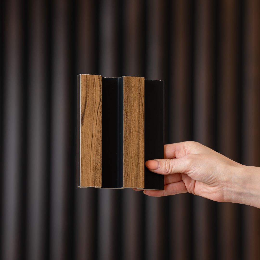 NU Wall Residence pack of 4 medium oak and black slatted wall panels, showcasing modern wooden and black slat design for interior decor.