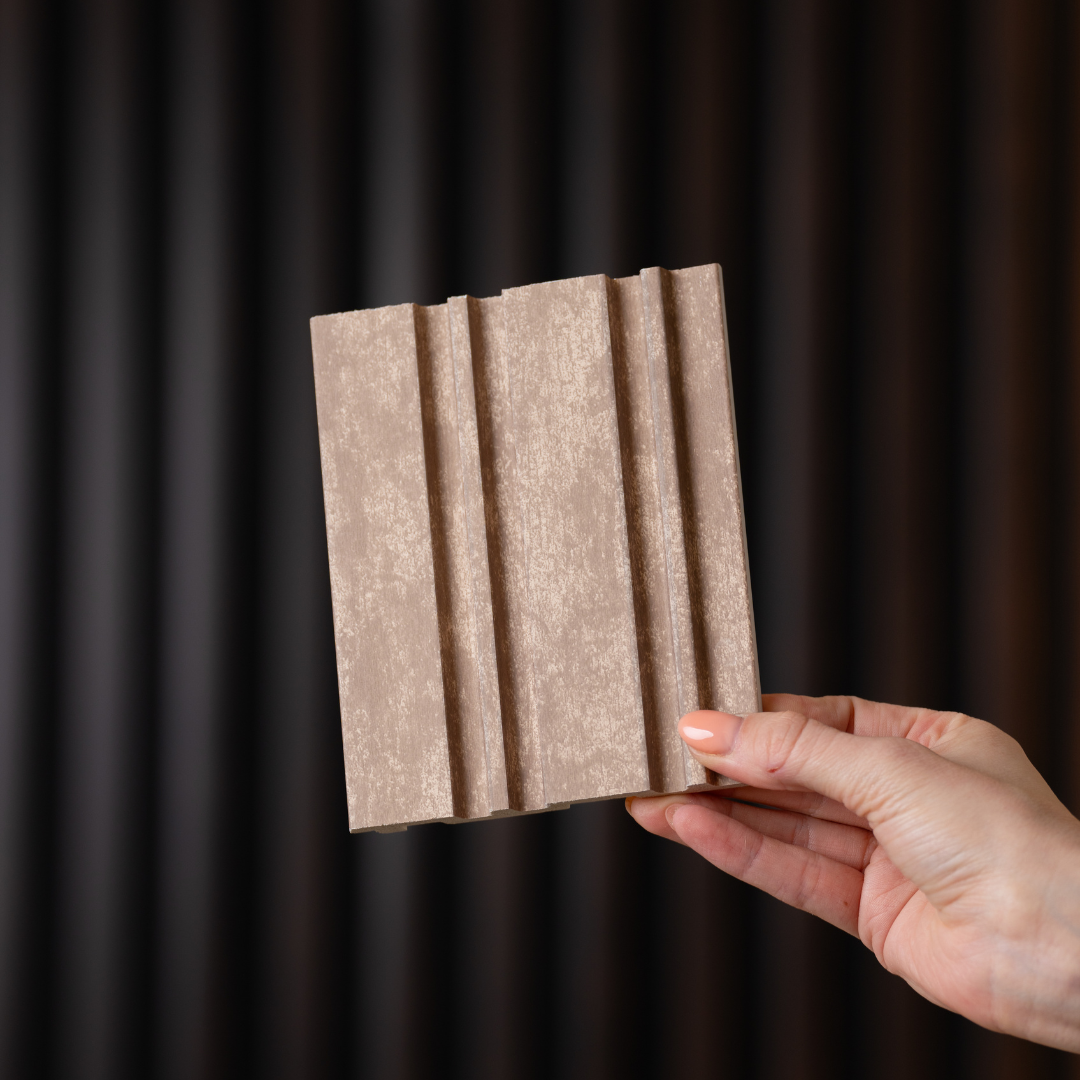 NU Wall Dubai Camel Sand slatted wall panel sample showing beige textured wooden slats for interior wall decor.