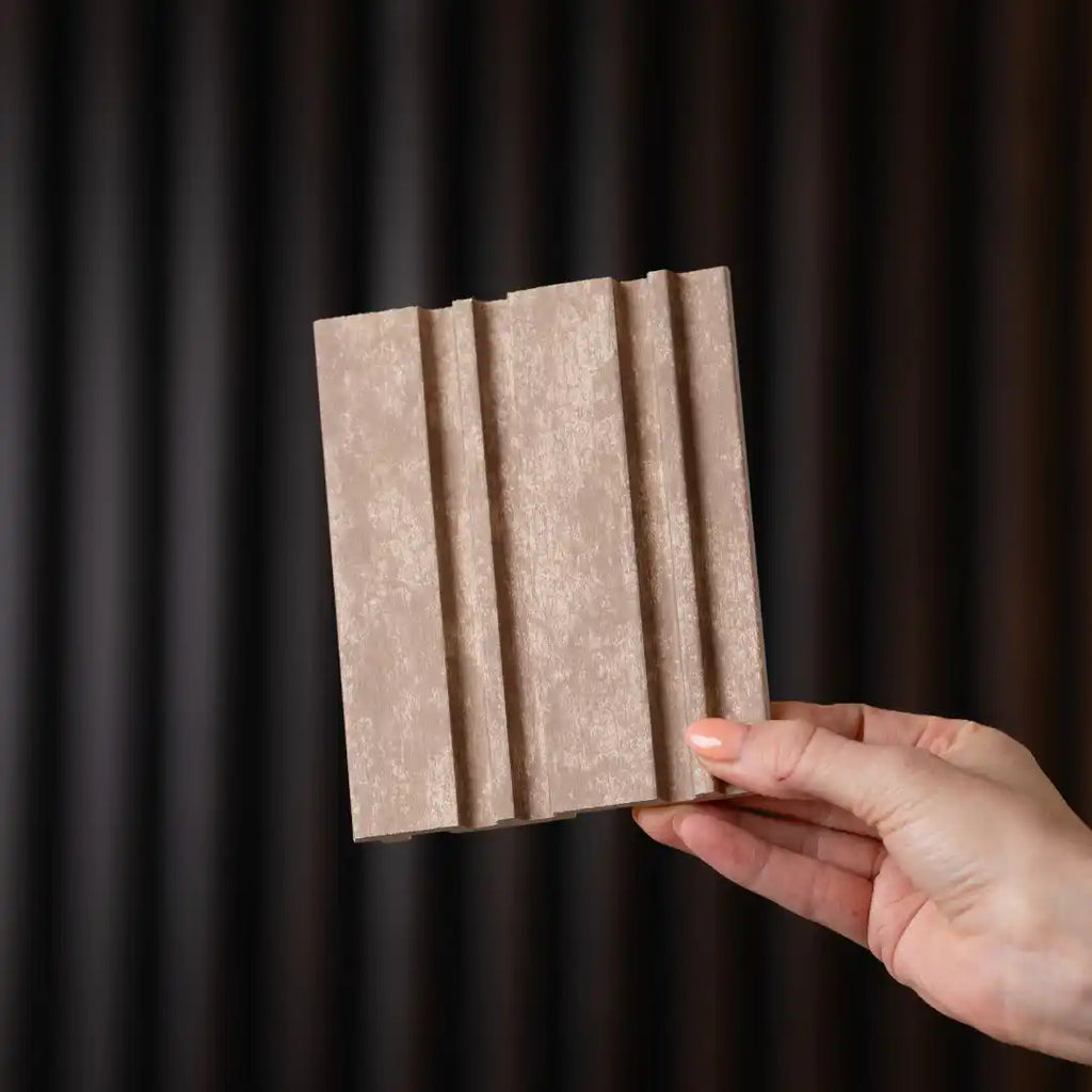 NU Wall Dubai Camel Sand slatted wall panels pack of 4, modern decorative wall panels with a natural camel sand finish.
