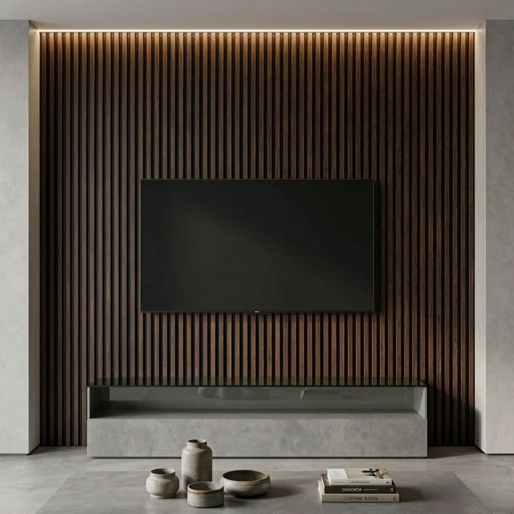 NU Wall Residence dark oak and black waterproof wall panels, pack of 4, showing textured wood grain and sleek black finish.