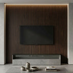 NU Wall Residence dark oak and black waterproof wall panels, pack of 4, showing textured wood grain and sleek black finish.