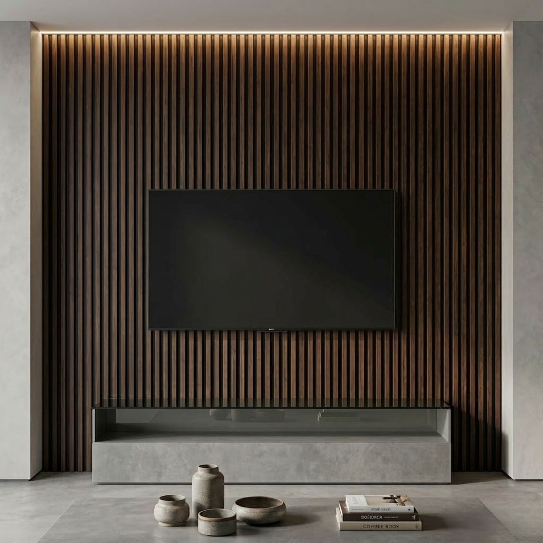 NU Wall Residence dark oak and black waterproof wall panels, pack of 4, showing textured wood grain and sleek black finish.