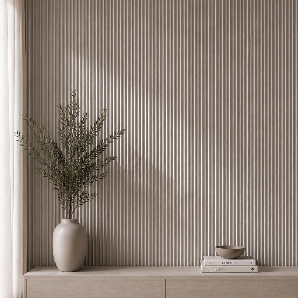 Oatmeal linen textured fluted wall panel from NU Wall, showcasing a soft, neutral-toned design ideal for modern interior decor.