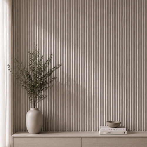 Oatmeal linen textured fluted wall panel from NU Wall, showcasing a soft, neutral-toned design ideal for modern interior decor.