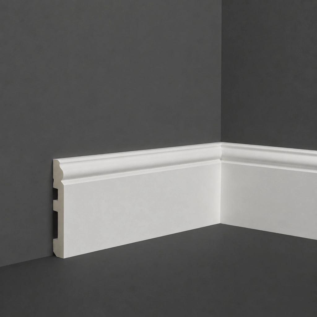 NU Wall Legacy Skirting Board, 240cm long, 12cm wide, 1.5cm deep, showing smooth finish and modern design.