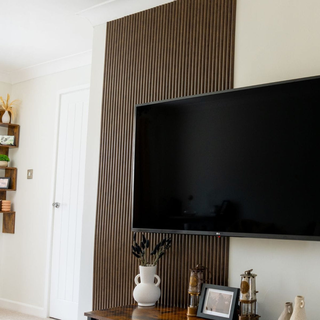 NU Wall Arc Reeded Warm Oak wall panels, pack of 4, featuring textured wood grain and reeded design for interior wall decoration.